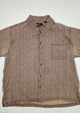 Toscano 100% Silk Short Sleeve Shirt Mens L Gray Tan Geometric Diamond Print